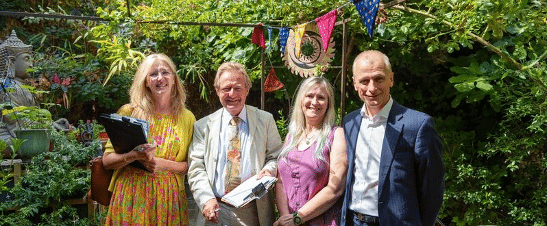 CH1 Bid North West in Bloom Judges Yvonne Bancroft Brendan Cook Owner of Sallys Secret Garden Sally Hamlett and CH1ChesterBID City Centre Manager Nick White Chester.com cropped