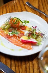 Oddfellows Chester Alices Parlour Cured Salmon cucumber dill crème fraiche lemon puree herb oil